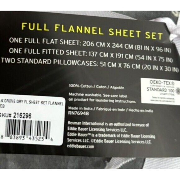 New Eddie Bauer Full Flannel Sheet Set Elk Grove Gray 4 Pcs Oeko-Tex Cabincore - Picture 4 of 4